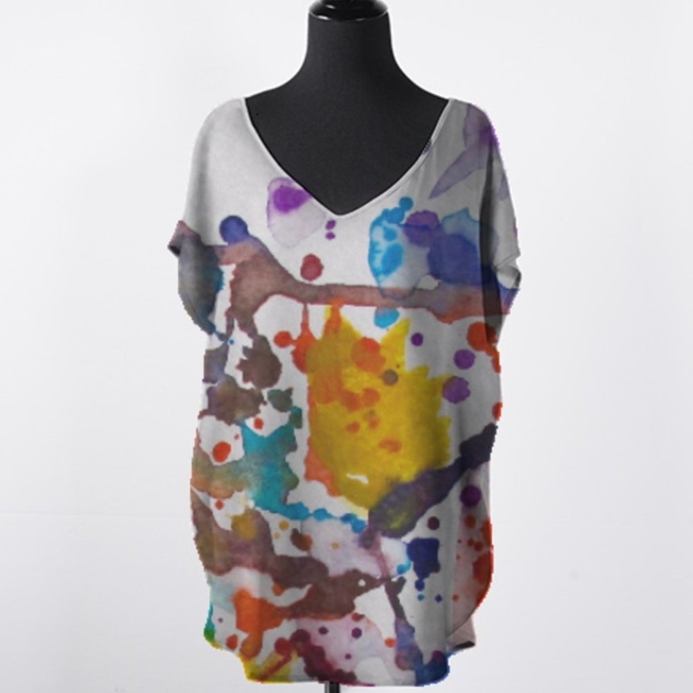 Spring Splatter Abstract Art V‑Neck Blouse – Rare VIDA × Noora Elkoussy Collab